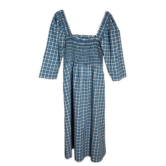 NWT Ganni Shirred Checked Cotton-blend Seersucker Midi Dress Blue DE 42 US 12 - Picture 6 of 10
